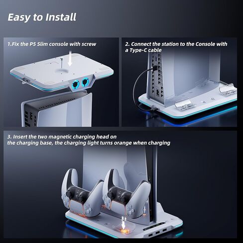 حامل Mytrix PS5 النحيف ومحطة التبريد مع محطة شحن وحدة تحكم مزدوجة لوحدة تحكم Playstation 5 Slim، شاحن وحدة التحكم، مروحة تبريد 3 سرعات، حامل سماعة الرأس، مصابيح RGB و3 منافذ USB in Kuwait