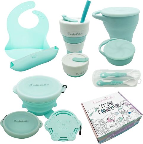 Baby Feeding Set - Collapsible Feeding Supplies for Travel - Food Grade Silicone Suction Baby Bowl, Baby Plate, Baby Bib, Baby Spoons First Stage - Cute Baby Eating Supplies Toddler Gift in Saudi Arabia