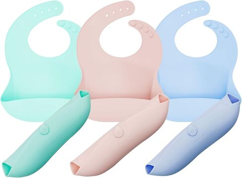 Baby Feeding Set - Collapsible Feeding Supplies for Travel - Food Grade Silicone Suction Baby Bowl, Baby Plate, Baby Bib, Baby Spoons First Stage - Cute Baby Eating Supplies Toddler Gift in Saudi Arabia