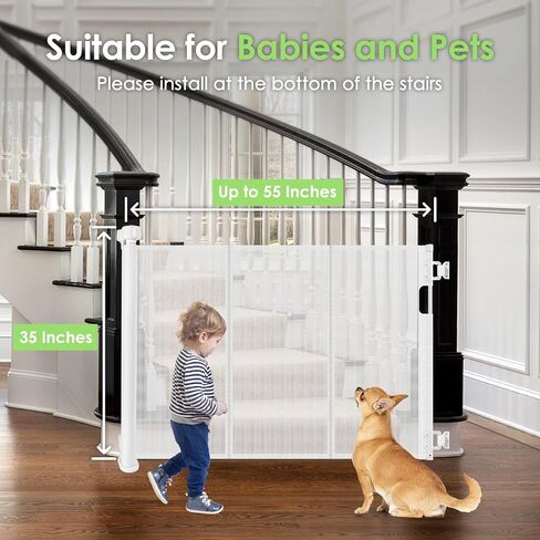 Reinforced Retractable Baby Gate for Stairs with Support Rods, 33" Tall, Extends up to 55" Wide, Mesh Stairway Gate Banister Baby Gate for Doorways, Indoor Outdoor Pet Gate for Stairs Hallways (Black) in Saudi Arabia