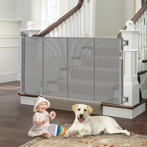 Reinforced Retractable Baby Gate for Stairs with Support Rods, 33" Tall, Extends up to 55" Wide, Mesh Stairway Gate Banister Baby Gate for Doorways, Indoor Outdoor Pet Gate for Stairs Hallways (Black) in Saudi Arabia