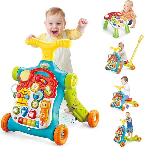 5 in 1 Baby Walker Sit-Stand Toy, Multifunctional Educational Baby Walker, Removable Play Panel with Music, Baby Push Walker Toy Gift, Green in Saudi Arabia