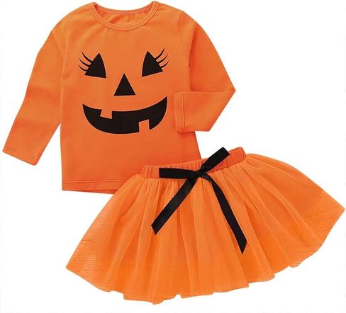 2Pcs Halloween Toddler Baby Girl Smile Pumpkin Tops+Tutu Tulle Skirt Outfits Long Sleeve Clothes in Saudi Arabia