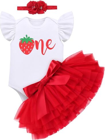 IMEKIS Baby Girl 1st Birthday Outfit Strawberry Butterfly One Romper Ruffle Tutu Skirt Headband Cake Smash Photo Shoot in Saudi Arabia