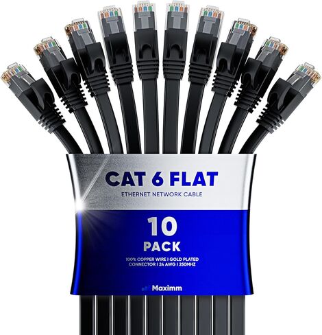 Cat 6 Ethernet Cable 30 ft - with a Flat, Space-Saving Design High-Speed Internet & Network LAN Patch Cable, RJ45 Connectors - 30ft / Black / 10 Pack - Perfect for Gaming, Streaming, and More in Kuwait