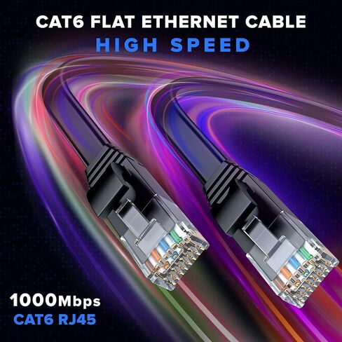 Cat 6 Ethernet Cable 30 ft - with a Flat, Space-Saving Design High-Speed Internet & Network LAN Patch Cable, RJ45 Connectors - 30ft / Black / 10 Pack - Perfect for Gaming, Streaming, and More in Kuwait