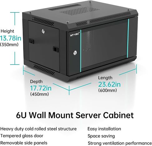 MT-VIKI 6U Wall Mount Server Cabinet Network Rack Vented Enclosure, 0.8mm thick, 17.7'' Deep (450mm), for 19'' IT Equipment, Included 1pcs 10'' Depth Rack Shelf in Saudi Arabia