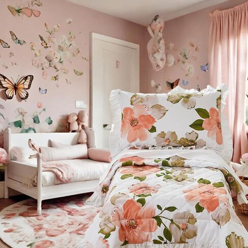 Brandream Toddler Bedding Set Girls Beige Floral Farmhouse Comforter Sheet Set 4 Piece Bed in A Bag Princess Kids Baby Bedding with Fitted Sheet Flat Sheet Pillowcase, Luxury Design in Kuwait