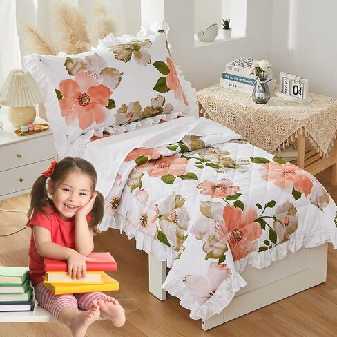 Brandream Toddler Bedding Set Girls Beige Floral Farmhouse Comforter Sheet Set 4 Piece Bed in A Bag Princess Kids Baby Bedding with Fitted Sheet Flat Sheet Pillowcase, Luxury Design in Kuwait