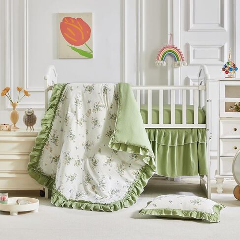 AIKASY The Ruffled Shabby Crib Bedding Set for Girls, Baby Quilted Comforter with Fitted Sheet, Bed Skirt, and Pillowcase -Coffee in Saudi Arabia