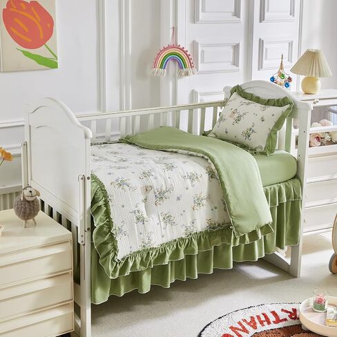 AIKASY The Ruffled Shabby Crib Bedding Set for Girls, Baby Quilted Comforter with Fitted Sheet, Bed Skirt, and Pillowcase -Coffee in Saudi Arabia