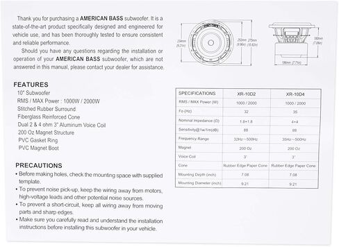 مضخم صوت American Bass XR-10D2 مقاس 10 بوصات مزدوج 2 أوم 2000 وات بحد أقصى 200 أونصة. مغناطيس فردي in Kuwait