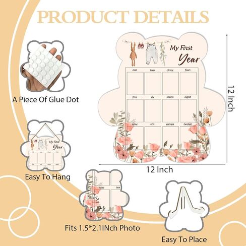 Baby's First Year Photo Frame Disply Board, 12 Months Newborn Photo Frame, Cute Bear Shape Baby Photo Frame, 1st Birthday Baby Keepsake, Fits 1.5 * 2.1 IN Photo in Saudi Arabia