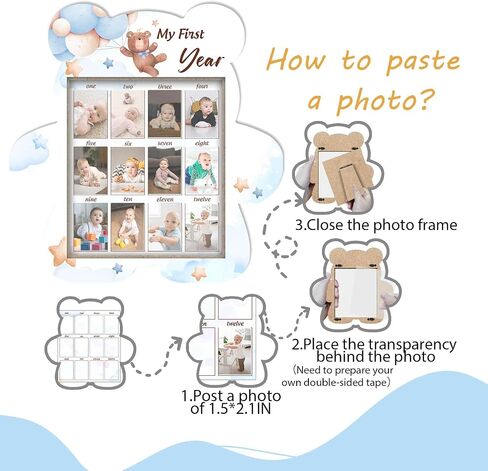 Baby's First Year Photo Frame Disply Board, 12 Months Newborn Photo Frame, Cute Bear Shape Baby Photo Frame, 1st Birthday Baby Keepsake, Fits 1.5 * 2.1 IN Photo in Saudi Arabia