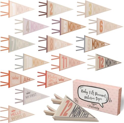 Monthly Baby Milestone Signs Pack of 16, Month Baby Felt Pennant Milestone Signs Triangle Banner Flags for Boy Girl Neutral Newborn Announcement Photo Props 1st Birthday Party Decor (Assorted Colors) in Saudi Arabia