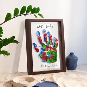 Family Handprint Keepsake Frame Kit, DIY Handprint Kit Wooden Frame for Babies 3 Months & Up, 6 Colors Non-Toxic Paint Included, Baby Shower Gifts for New and Expecting Parents, Home Decor (Brown)