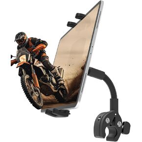 Motorcycle Tablet Holder, Bike Handlebar Tablet Mount with Gooseneck for Treadmill, Exercise Bicycle, Tablet Clamp Fit for iPad Pro 12.9/Air/Mini, iPhone 15/14/ 13/12, and 4.7-12.9" Device