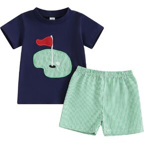Omkzanbi Baby Boy Golf Outfit Golf Hole T Shirt Retro Plaid Shorts Set Golf Cake Smash 2Pcs Infant Toddler Boy Summer Clothes