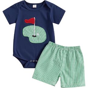 Infant Baby Boy Masters Golf Outfit Short Sleeve Golf Hole Romper Plaid Shorts Set 2Pcs Boys Golf Summer Clothes