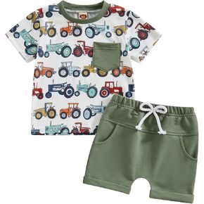Lesimsam Toddler Baby Boy Farm Outfit Chicken/Tractor Short Sleeve T-Shirt Top and Shorts Set 2Pcs Summer Outfits