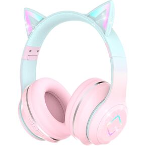 Bluetooth Kids Headphones,Cat Ear LED Light Up Kids Wireless Headphones,Bluetooth 5.1&Stereo Sound, Foldable,Adjustable Headband,Children Headphones with Microphone for School/Tablet (Purple)