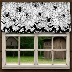 Halloween Curtain Valance 54 x 18 Inch Bat Spider Web Valance Curtain Rod Pocket White Black Short Window Treatment for Home Party Window Decor