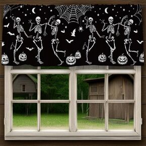 Halloween Curtain Valance 54 x 18 Inch Dancing Skeleton Valance Curtain Rod Pocket Black White Short Window Treatment for Home Party Window Decor