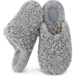 Snug Leaves Women's Scuff Slippers Furry Cute Curly Faux Wool Slip-on Indoor Outdoor Memory Foam House Shoes