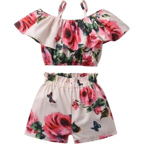 Eghunooy Toddler Girl Summer Clothes Ruffle Off Shoulder Crop Tops Sunflower Shorts Outfits Set
