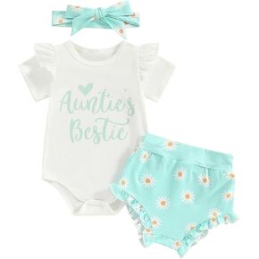 Aunties Bestie Baby Clothes Girl Aunt Saying Letter Ruffle Romper Shirt+Bloomer Short Headband 3Pcs Summer Outfit