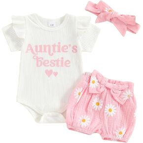 Newborn Baby Girl Summer Outfit Floral Short Sleeve Romper Sunflower Shorts Headband Set 3Pcs Clothes in Kuwait