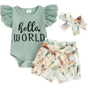 Ayalinggo Hello World Newborn Outfit Baby Short Sleeve Romper Floral Shorts Set Headband Coming Home Outfit Girl Clothes