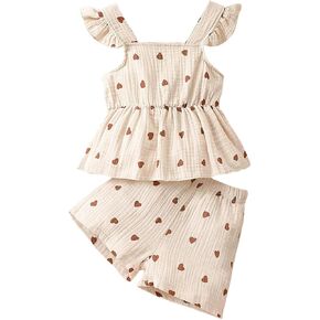 Toddler Little Girl Cotton Summer Clothes Sleeveless Top Ruffle Trim Heart Printed Shorts 2Pcs Outfits Set