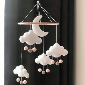 Baby Crib Mobile for Boys Girls, Gender Neutral Hand-Crocheted Mobile, Boho Nursery Mobile, Shower Set for Infant Bedroom Hanging DecorationCeiling Mobile - Moon, Stars, Clouds (Snowy Clouds Mobile)