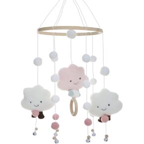 Meprotal Wooden Hanging Decor Pink Cloud with Removable Pom Pom Hanging Decoration for Crib Mobile Nursery Bedroom