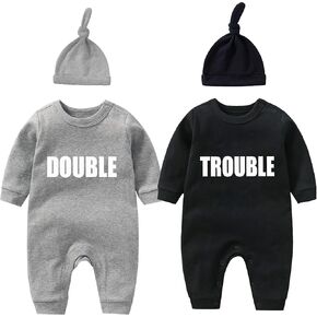 Baby Twins Bodysuits Newborn Baby Boy Outfit Funny Double Trouble Clothing Girl Romper With Hat