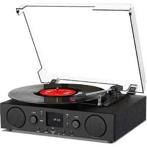 Record Player with 3 Speed Bluetooth USB Recording FM Radio Vintage LP Player with 2 Speakers Turntable for Vinyl Records Support Bluetooth Receiver RCA Line-Out Black