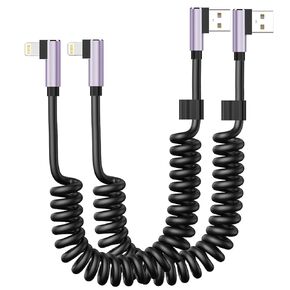 Coiled Lightning Cable, 90 Degree USB Short iPhone Charger Cord [MFi Certified], Apple Carplay Cable, Stretch Right Angle Lightning Cable for iPhone 14/13/12/11 Pro Max/XR/XS/X/8/7/iPad/AirPods