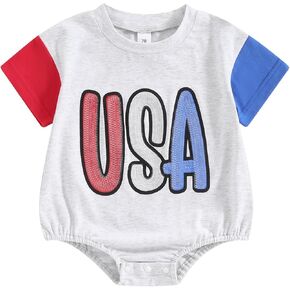 Baby Boy Girl 4th of July Outfit USA Embroidery Bubble Romper Oversized Short Sleeve T-Shirt Bodysuit Summer Clothes