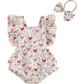 Newborn Baby Girl Farm Outfits Chicken Print Romper Ruffle Sleeveless Jumpsuit Bodysuit Headband Summer Clothes