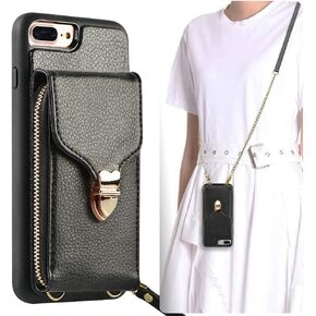for iPhone 8 Plus Wallet Case, for iPhone 7 Plus Zipper Wallet Case with Card Slot Holder Leather Handbag Buckle Detachable Wrist Strap Long Crossbody Strap Purse for iPhone 7/8 Plus 5.5 - Black