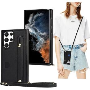 CCSmall Case for Samsung Galaxy S22 Ultra (Not S22) with Card Slot Holder, Removable Adjustable Shoulder Strap Lanyard Crossbody Neck Purse Phone Case for Samsung Galaxy S22 Ultra KB Black