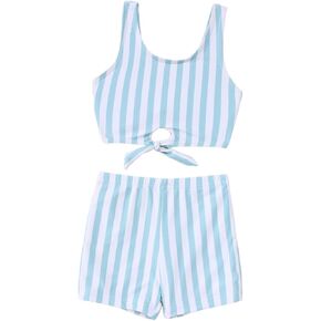Ritatte Toddler Baby Girls Summer Swimsuit Sleeveless Stripe Knotted Two Piece Bathing Suit Beach Swimwear Bikini Tankini Set