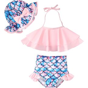LYSMuch Toddler Baby Girl Bikini Swimsuit Set 3 Piece Bathing Suit with Hat