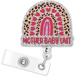 Mother Baby Unit Retractable Silver Glitter Badge Reel with Alligator Clip, Funny Rainbow ID Card Badge Holder Gift for Nurses Doctors RN NICU MBU Postpartum Baby Nurse Unit Team