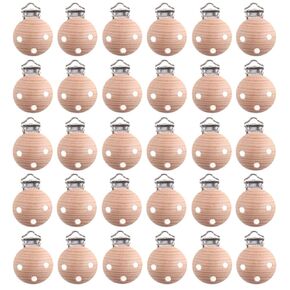 Natural Beech Wood Round Pacifier Clips Teething Toy Suspender Clips Sutoyuen Wood Pacifier Clip Holder Charm for DIY Babies Dummy Chain Accessories 30 Pieces (with Hole)