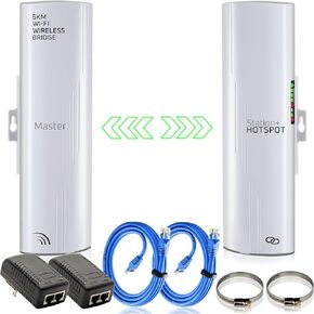 Wireless Bridge, 5.8GHz Point to Point/Multipoint Outdoor Bridge with Hotspot, 100/1000Mbps LAN Port. Wireless Bridge for Shop, Barn, Garage Building, 5KM Long Distance Pre-configured Set(3.5 Miles)