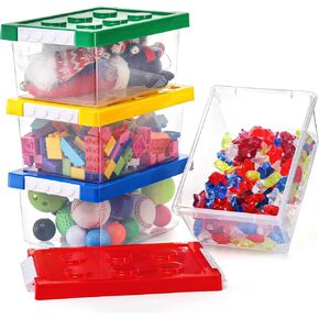 4 Pack Toy Storage Organizer Bins with Lid, Brick Shaped Toy Containers, Stackable Plastic Storage Box Set, Clear Toy Chest for Organizing Building Brick, Toys, Small Dolls, 4 Colors