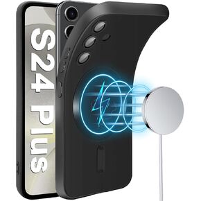 Slim Case for Samsung Galaxy S24 Plus 5G, [Camera Lens Protector][Mag-Safe] Thin Metal Matte Silicone Soft Rubber S24 Plus Phone Case, Magnetic Wireless Charging Cover for Samsung S24+ Plus (Black)