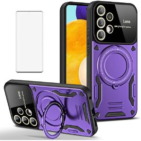 Phone Case for Samsung Galaxy A52/A52S 5G with Tempered Glass Screen Wrist Strap Lanyard Heavy Duty Protector Cover 360°Rotatable Invisible Ring Slim Stand A 52 S 4G G5 52A S52 52S Women Black